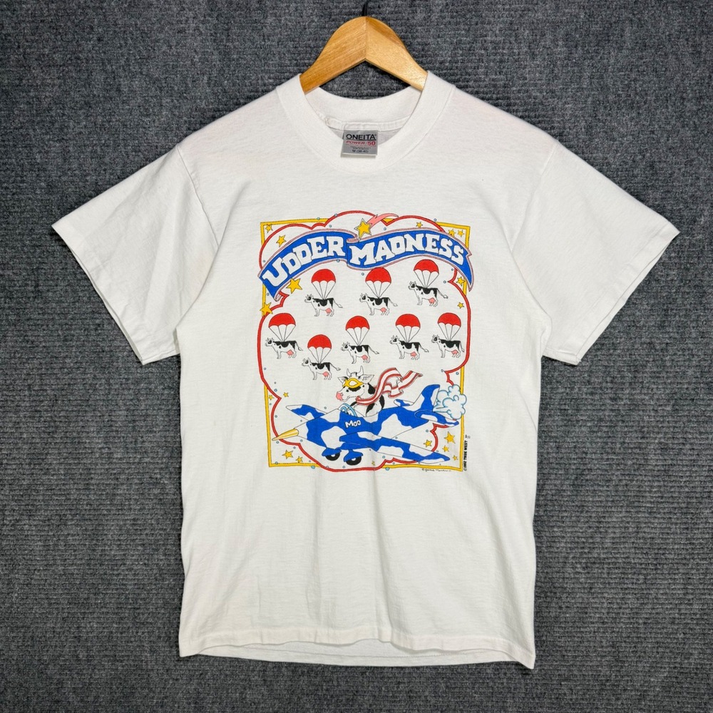 Vintage 1992 Oneita Udder Madness Cow Graphic T-Shirt Mens Medium White 90s Tee